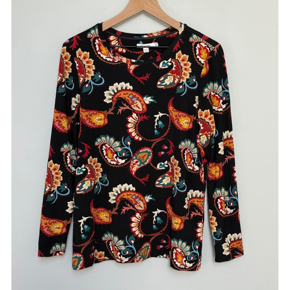 Chicos Women's Black Paisley Long Sleeve Stretch Top Pullover‎ Size 2 Large